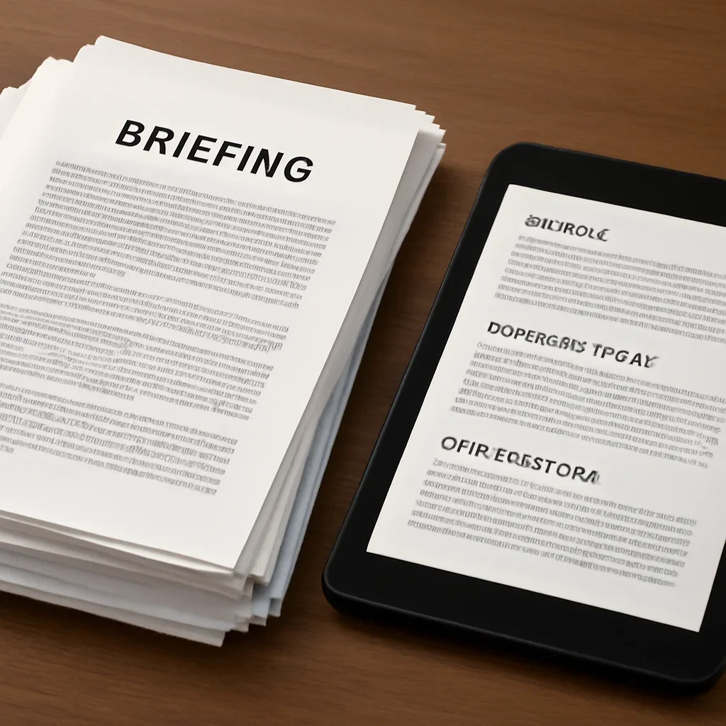 Stack of printed briefings and a tablet displaying archival notes for mission, editorial scope, and methodology