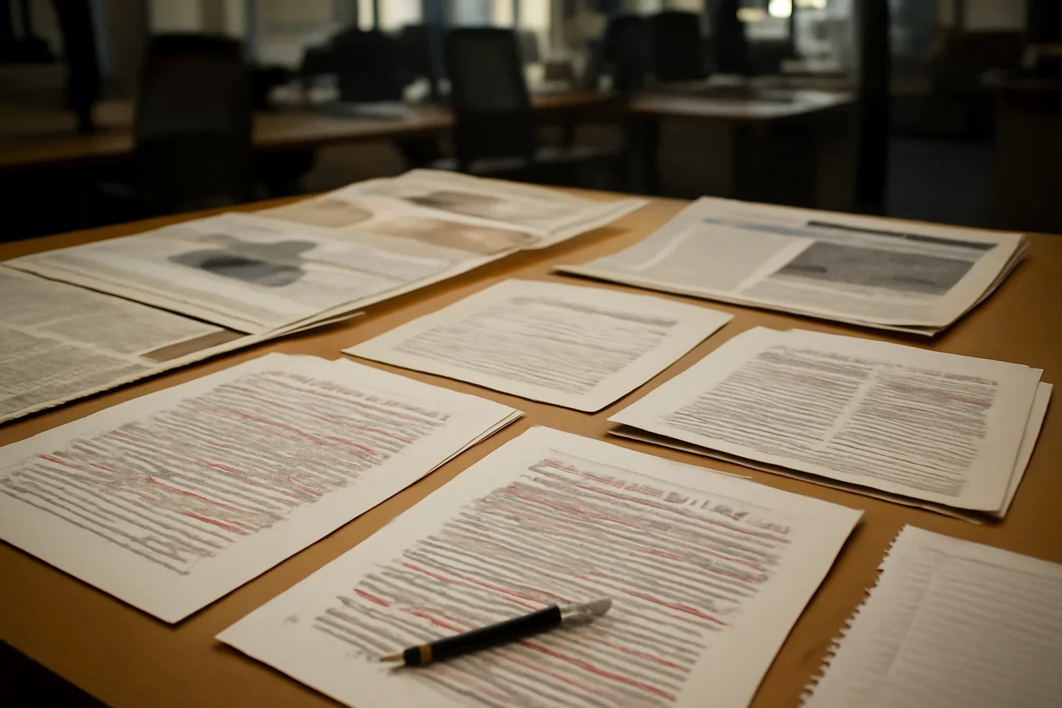 Editorial workspace with annotated documents and newspapers prepared for mission, editorial scope, and methodology