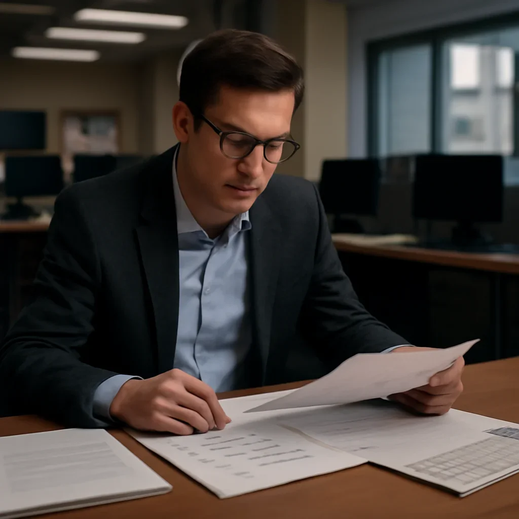 Reporter reviewing source material and timeline notes related to mission, editorial scope, and methodology