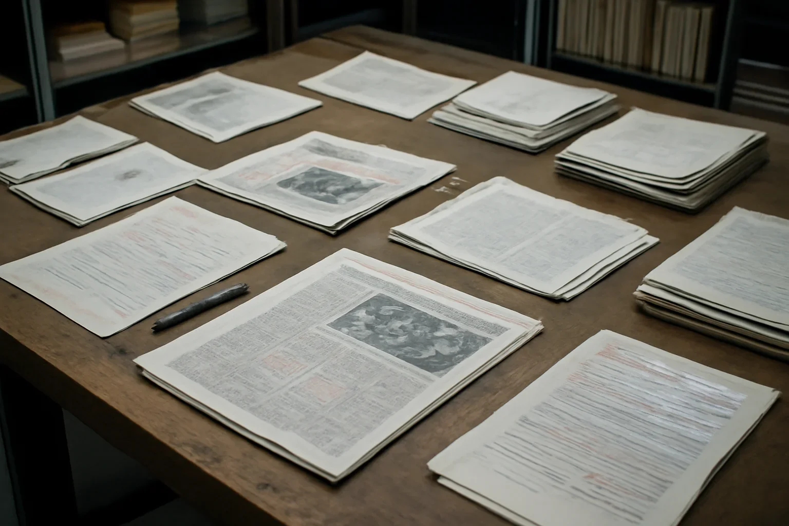 Editorial workspace with annotated documents and newspapers prepared for legacy archive hub for retained historical pages and redirects