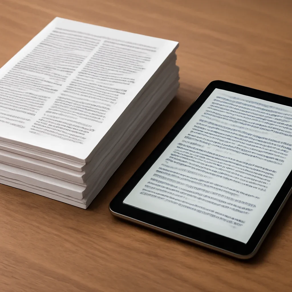 Stack of printed briefings and a tablet displaying archival notes for news analysis, explainers, and accountability commentary
