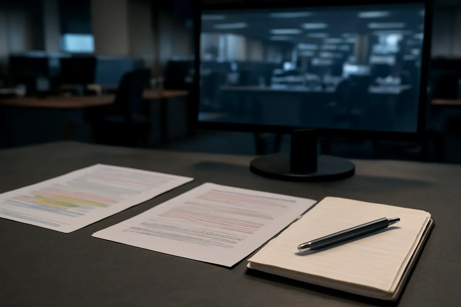 Notebook, marked documents, and a quiet newsroom monitor arranged for a feature on news analysis, explainers, and accountability commentary