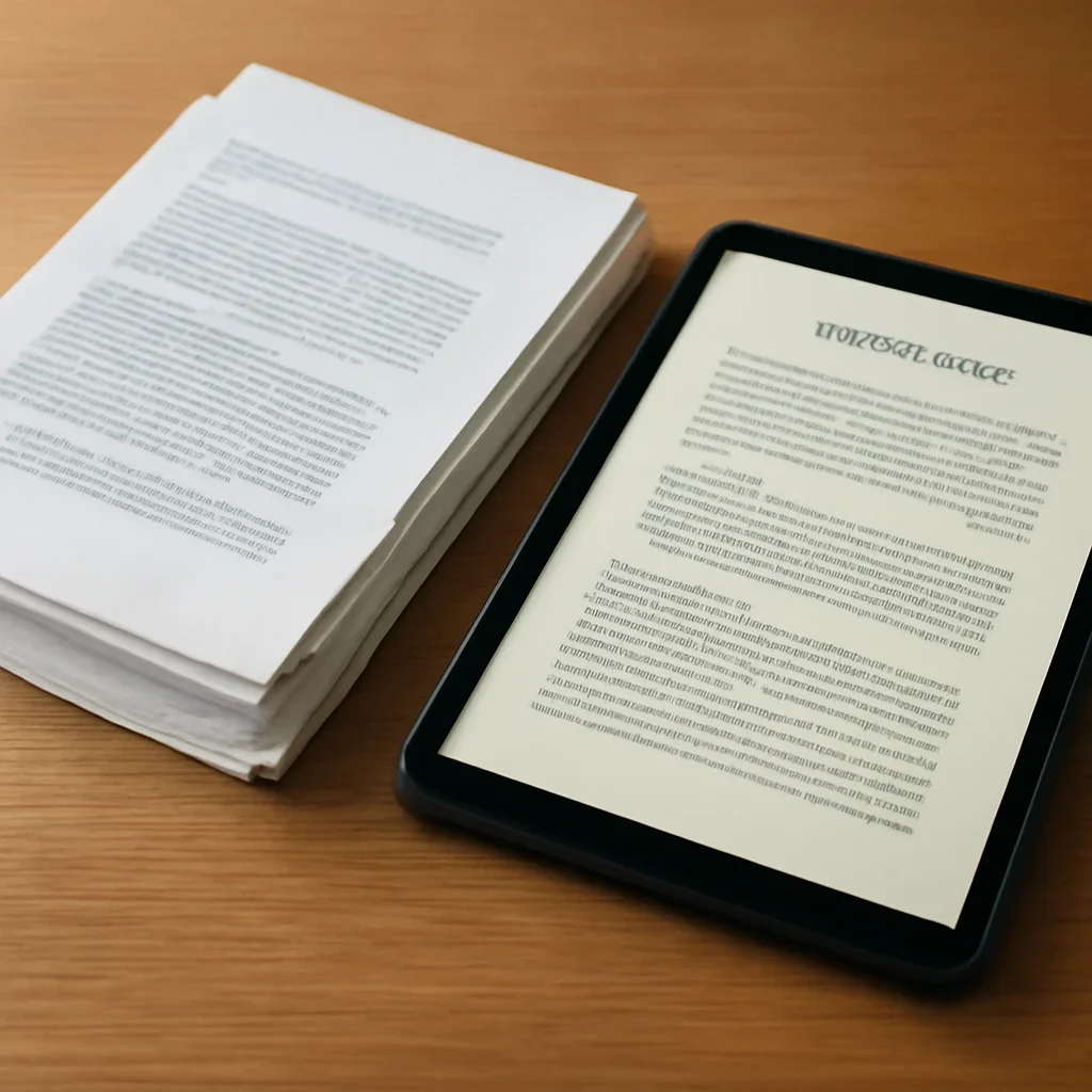Stack of printed briefings and a tablet displaying archival notes for how a document archive improves war crimes reporting