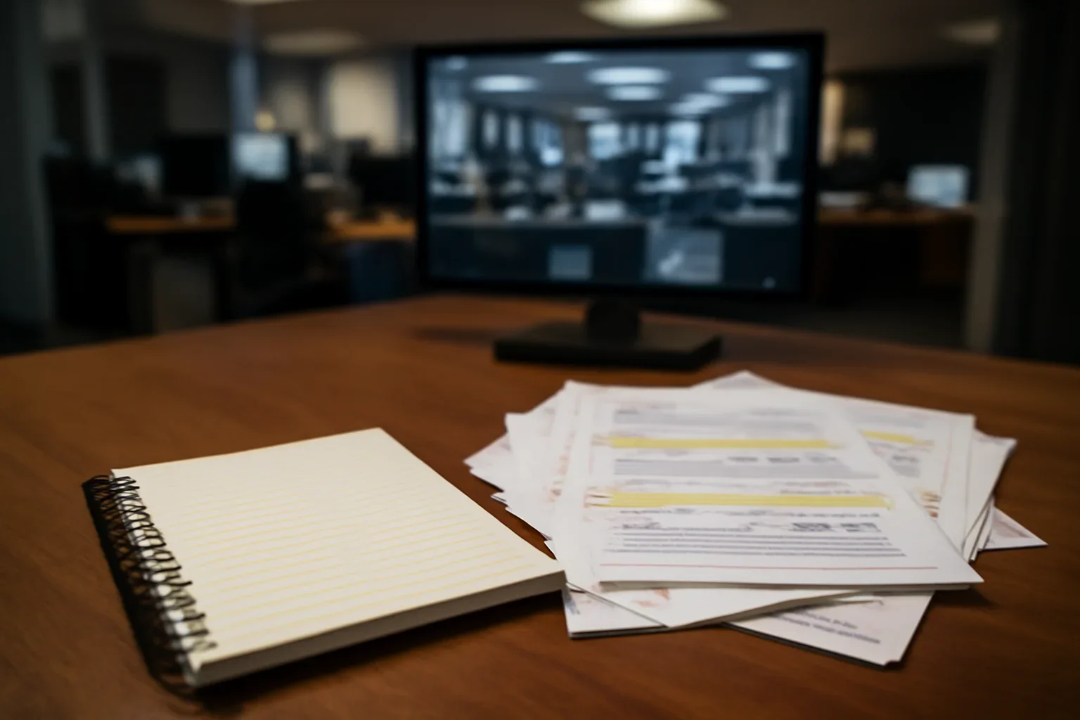 Notebook, marked documents, and a quiet newsroom monitor arranged for a feature on how a document archive improves war crimes reporting