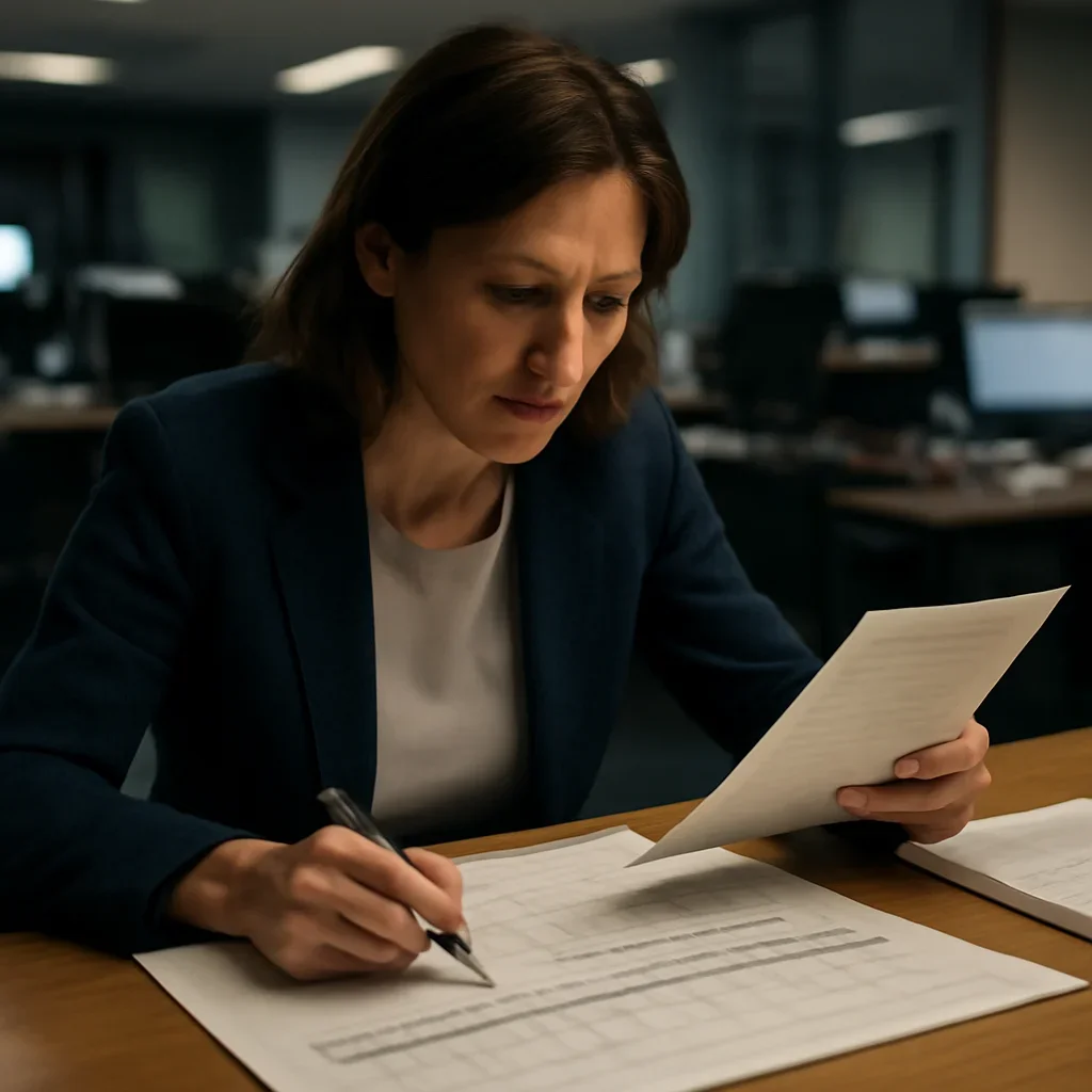 Reporter reviewing source material and timeline notes related to how a document archive improves war crimes reporting