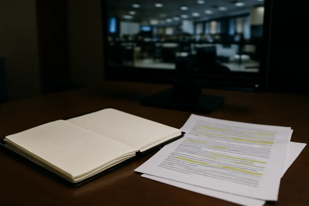 Notebook, marked documents, and a quiet newsroom monitor arranged for a feature on how a weekly briefing turns news into accountability context