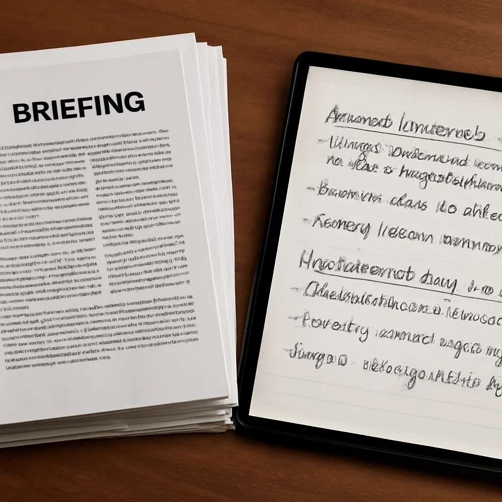 Stack of printed briefings and a tablet displaying archival notes for how arrest warrants work when suspects stay at large