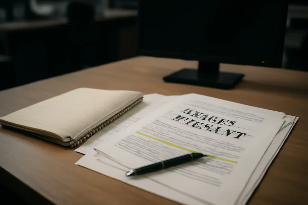 Notebook, marked documents, and a quiet newsroom monitor arranged for a feature on how arrest warrants work when suspects stay at large