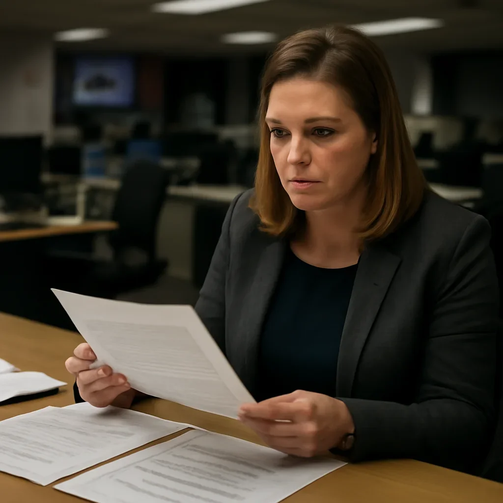 Reporter reviewing source material and timeline notes related to how arrest warrants work when suspects stay at large