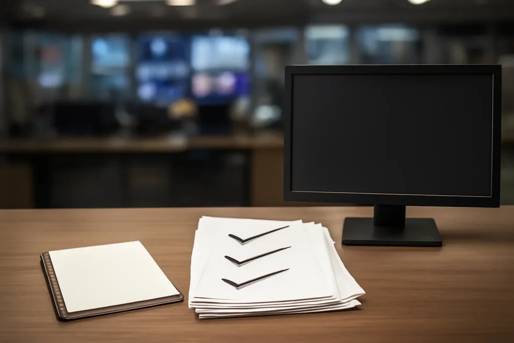 Notebook, marked documents, and a quiet newsroom monitor arranged for a feature on how country pages should handle ukraine, palestine, sudan, and syria
