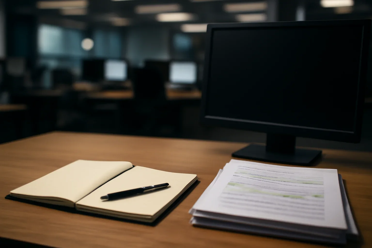 Notebook, marked documents, and a quiet newsroom monitor arranged for a feature on how icc case summaries help readers follow complex dockets