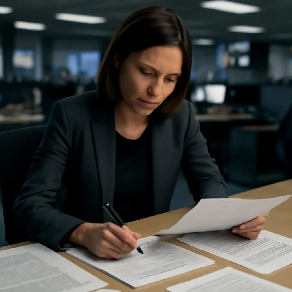 Reporter reviewing source material and timeline notes related to how icc case summaries help readers follow complex dockets
