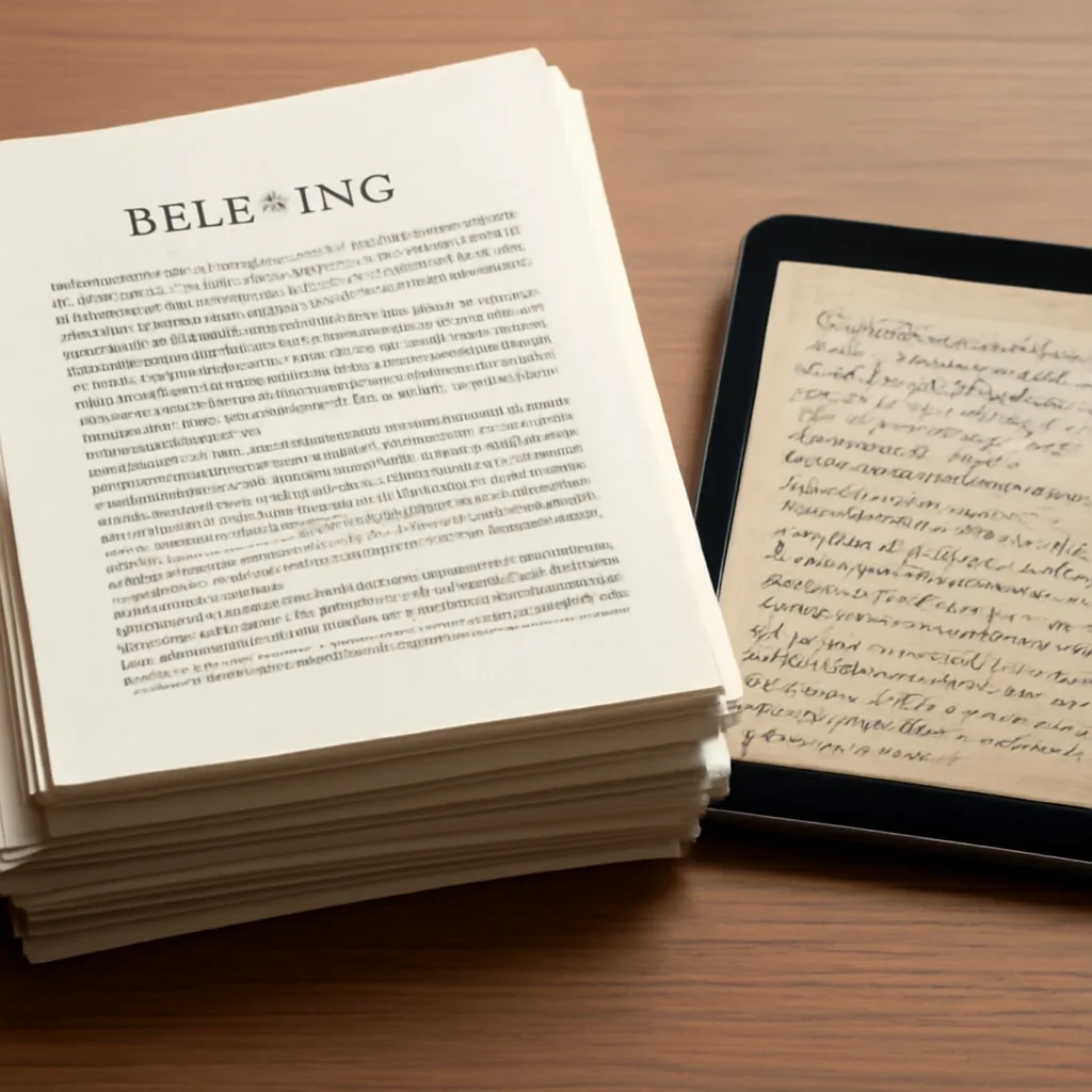 Stack of printed briefings and a tablet displaying archival notes for how journalists can cover war crimes responsibly