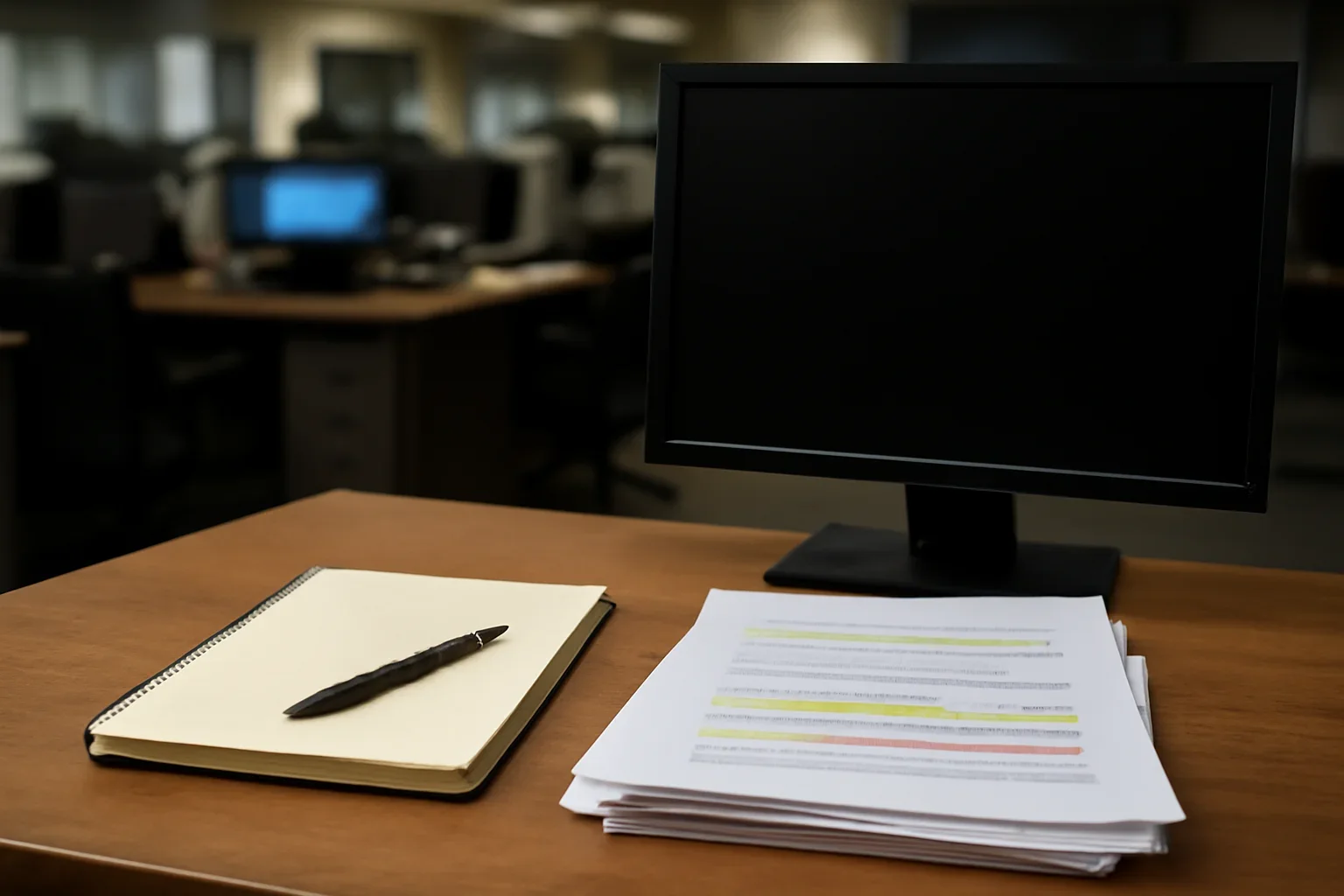 Notebook, marked documents, and a quiet newsroom monitor arranged for a feature on how journalists can cover war crimes responsibly