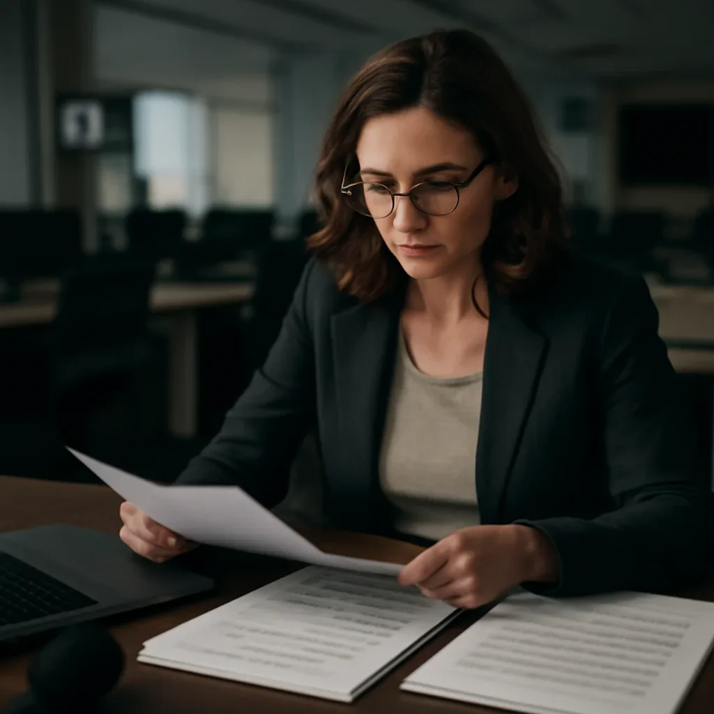 Reporter reviewing source material and timeline notes related to how journalists can cover war crimes responsibly
