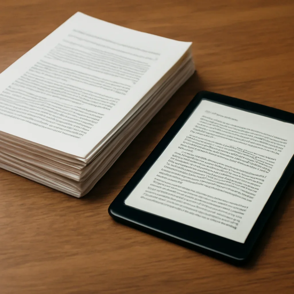 Stack of printed briefings and a tablet displaying archival notes for how national courts prosecute war crimes under universal jurisdiction
