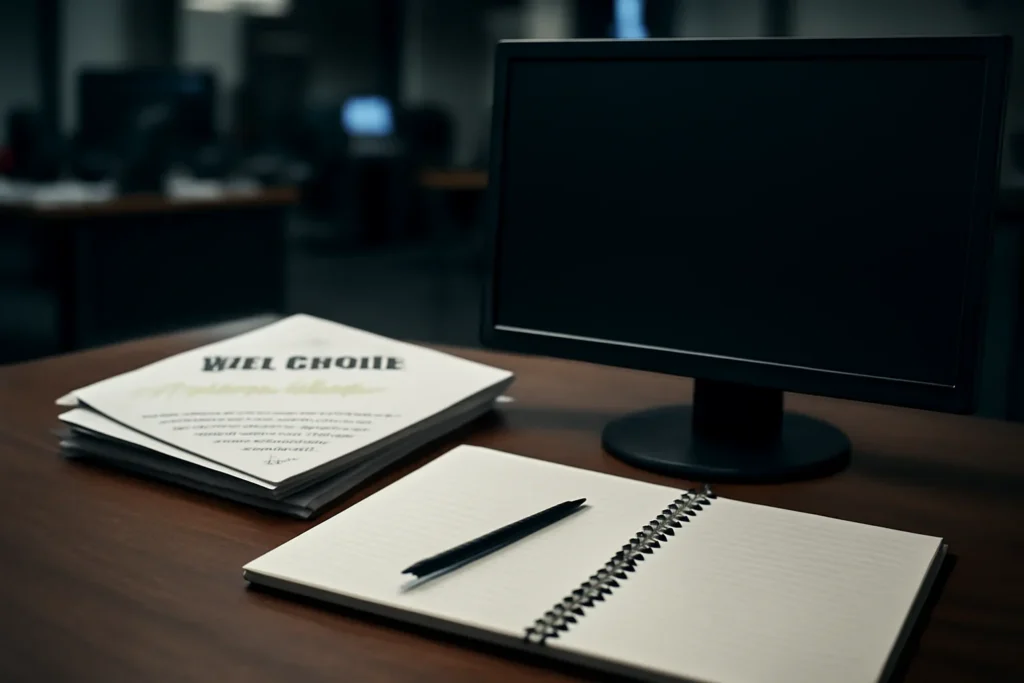 Notebook, marked documents, and a quiet newsroom monitor arranged for a feature on how national courts prosecute war crimes under universal jurisdiction