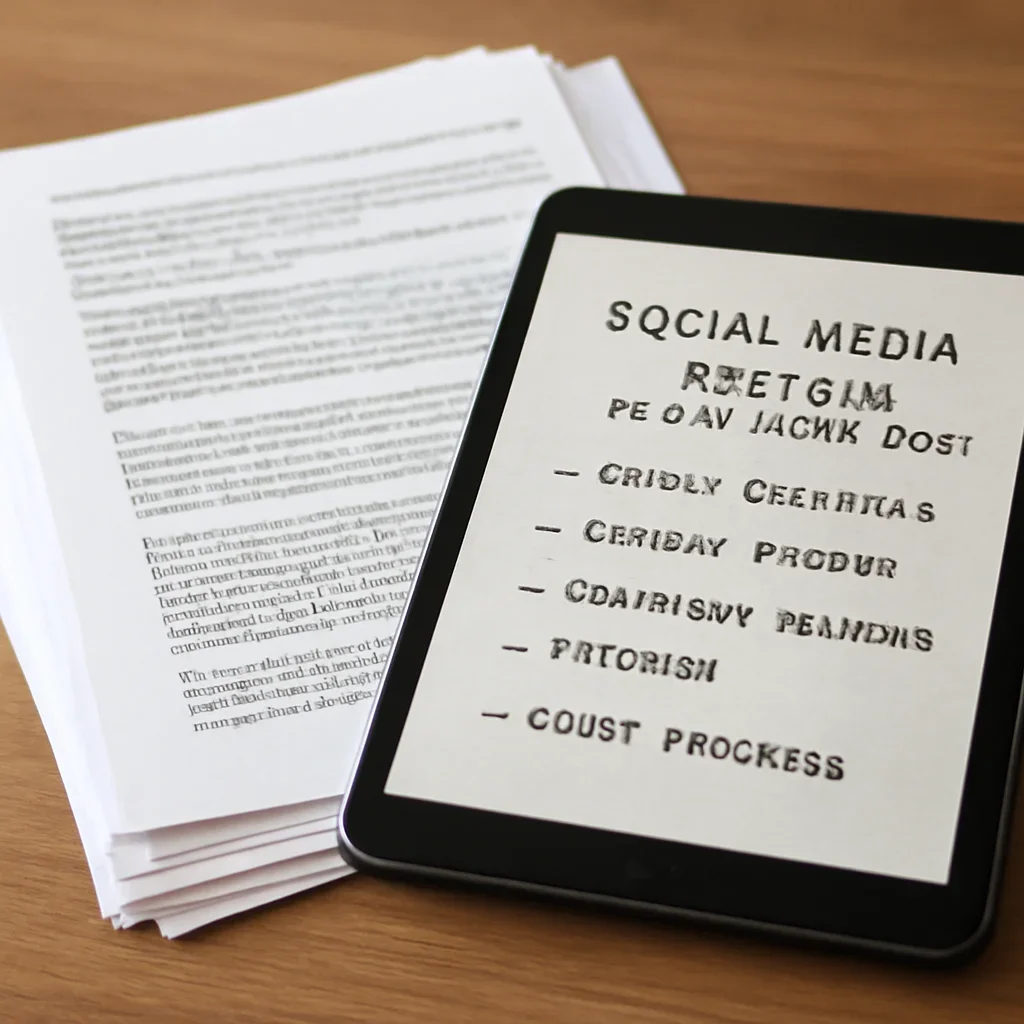 Stack of printed briefings and a tablet displaying archival notes for how social media evidence gets used in war crimes cases