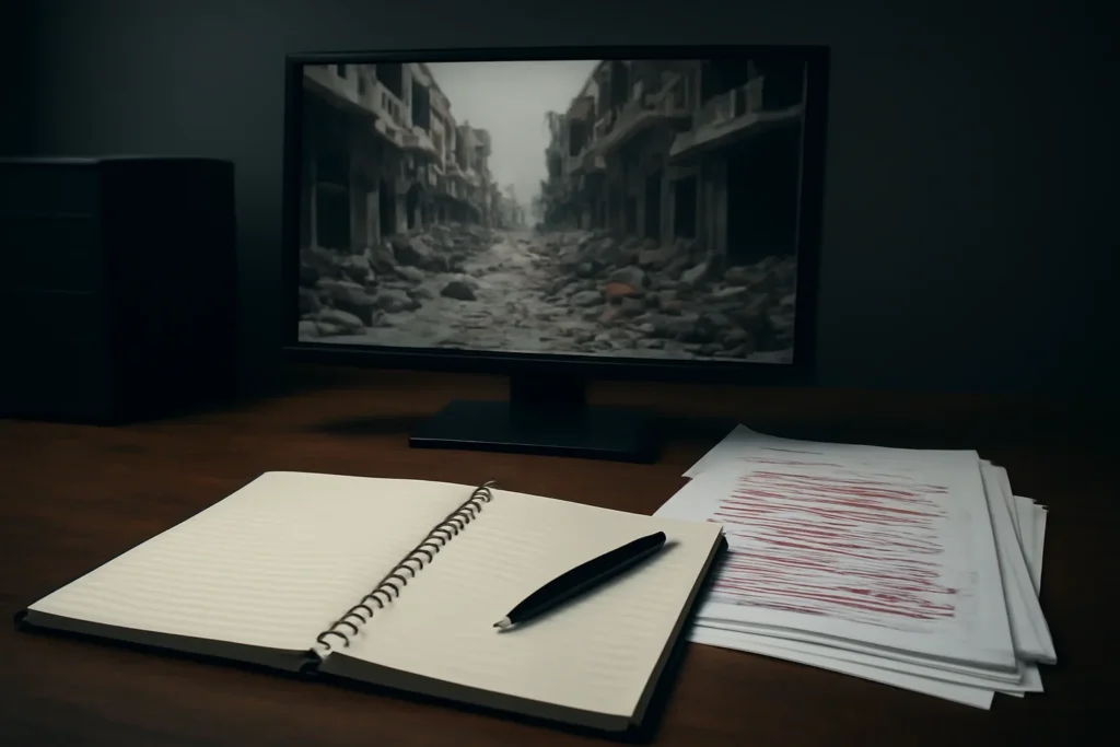 Notebook, marked documents, and a quiet newsroom monitor arranged for a feature on how social media evidence gets used in war crimes cases
