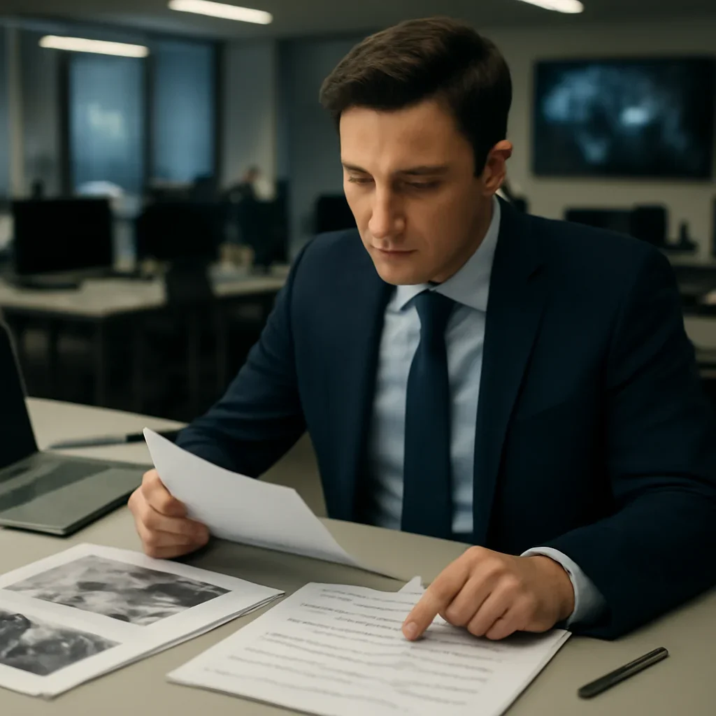 Reporter reviewing source material and timeline notes related to how social media evidence gets used in war crimes cases