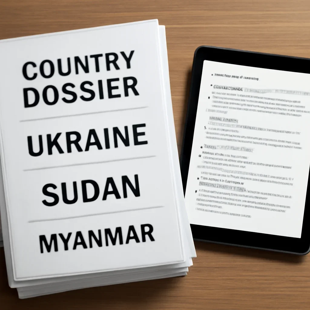 Stack of printed briefings and a tablet displaying archival notes for how to build a country dossier for ukraine, sudan, or myanmar