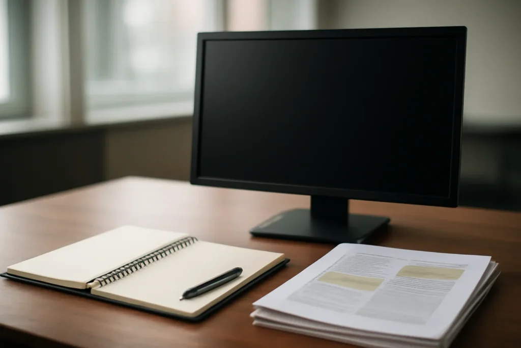 Notebook, marked documents, and a quiet newsroom monitor arranged for a feature on how to build a country dossier for ukraine, sudan, or myanmar
