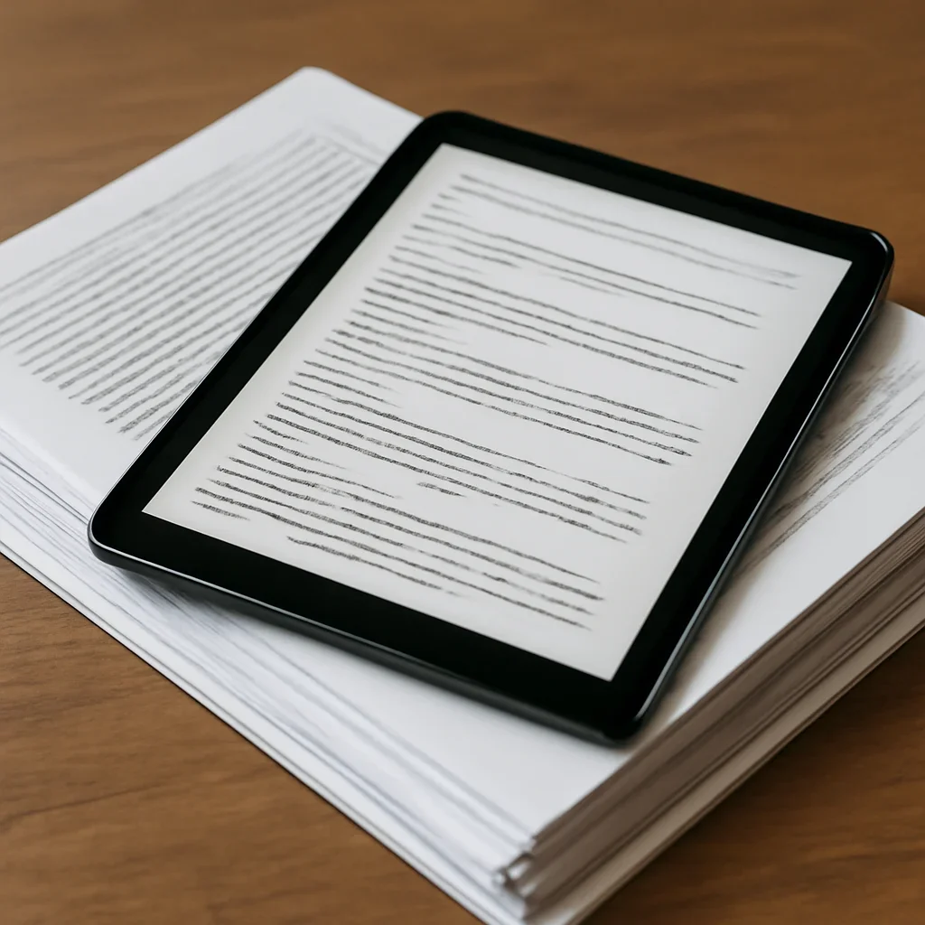 Stack of printed briefings and a tablet displaying archival notes for how to structure a war crimes site for seo and ai search
