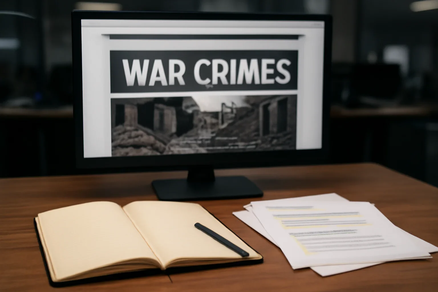 Notebook, marked documents, and a quiet newsroom monitor arranged for a feature on how to structure a war crimes site for seo and ai search