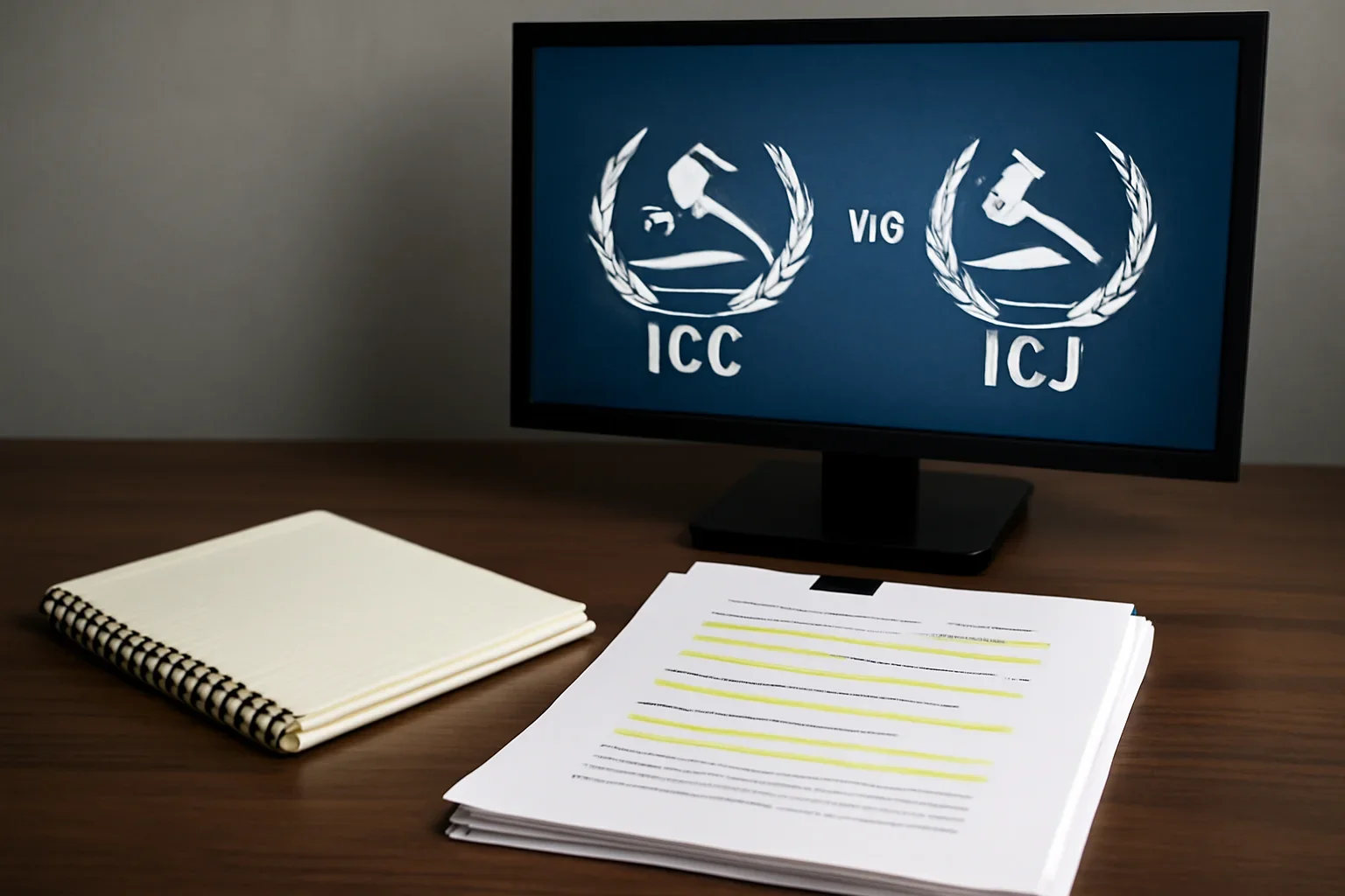 Notebook, marked documents, and a quiet newsroom monitor arranged for a feature on icc vs icj explained for non-lawyers