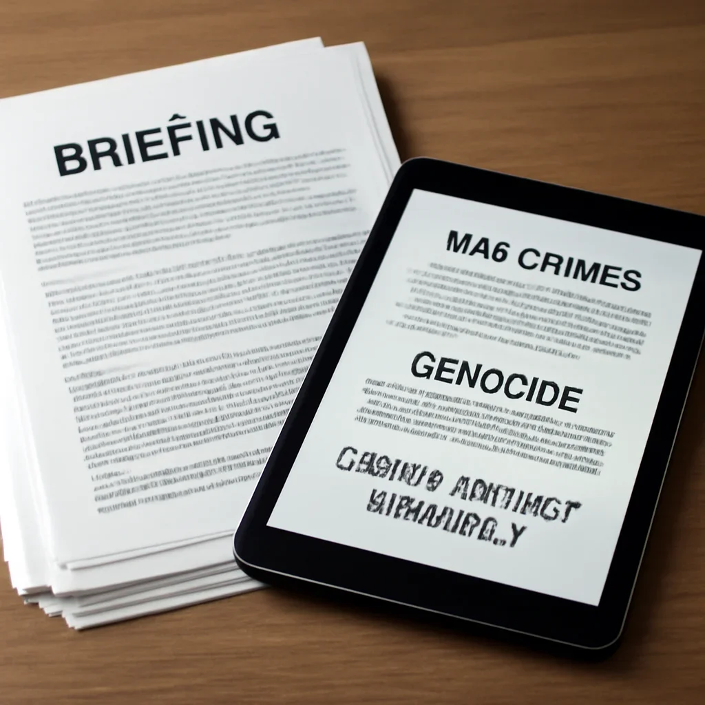Stack of printed briefings and a tablet displaying archival notes for the difference between war crimes, genocide, and crimes against humanity
