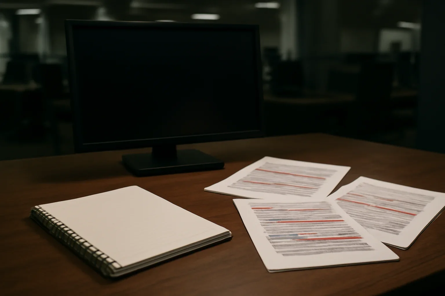 Notebook, marked documents, and a quiet newsroom monitor arranged for a feature on the difference between war crimes, genocide, and crimes against humanity