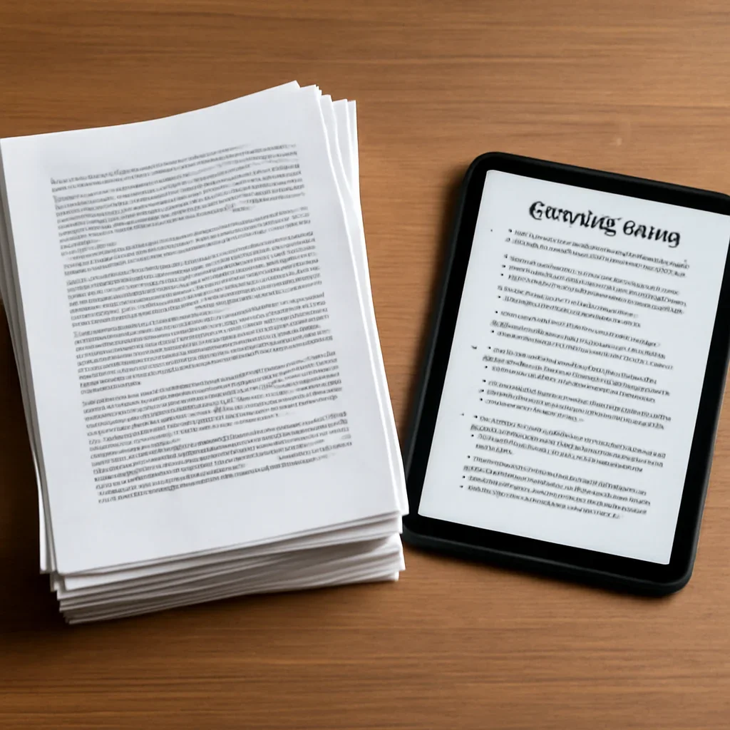 Stack of printed briefings and a tablet displaying archival notes for what a war crimes archive should preserve from older sites