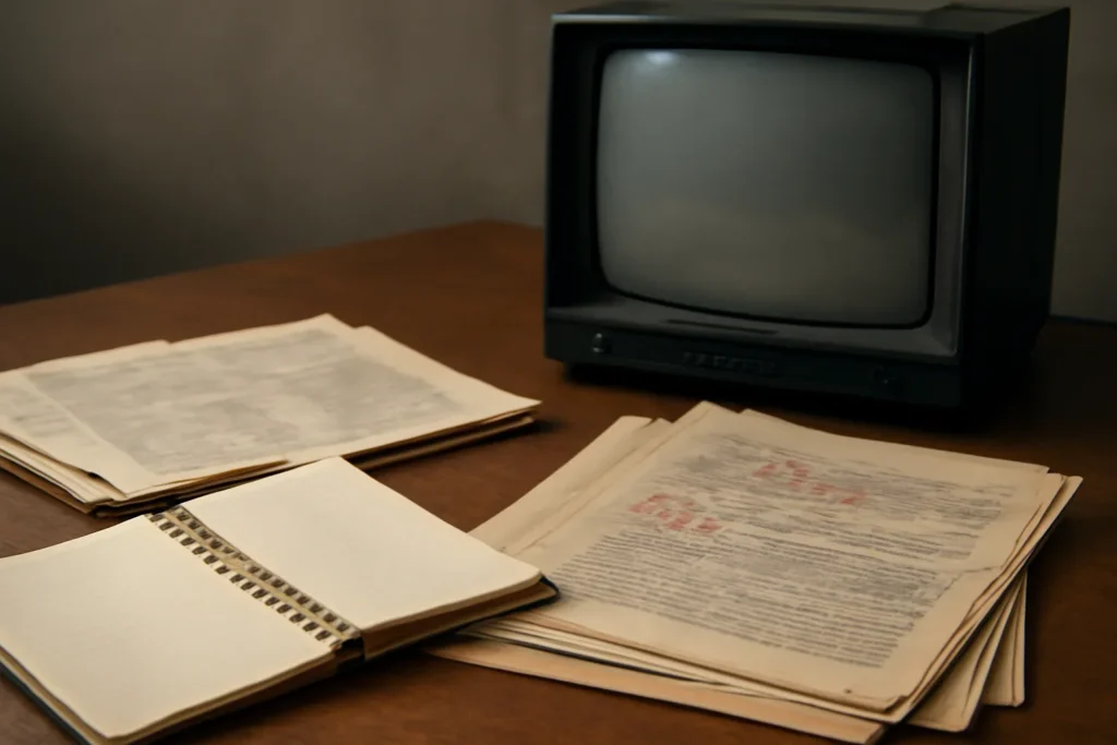 Notebook, marked documents, and a quiet newsroom monitor arranged for a feature on what a war crimes archive should preserve from older sites
