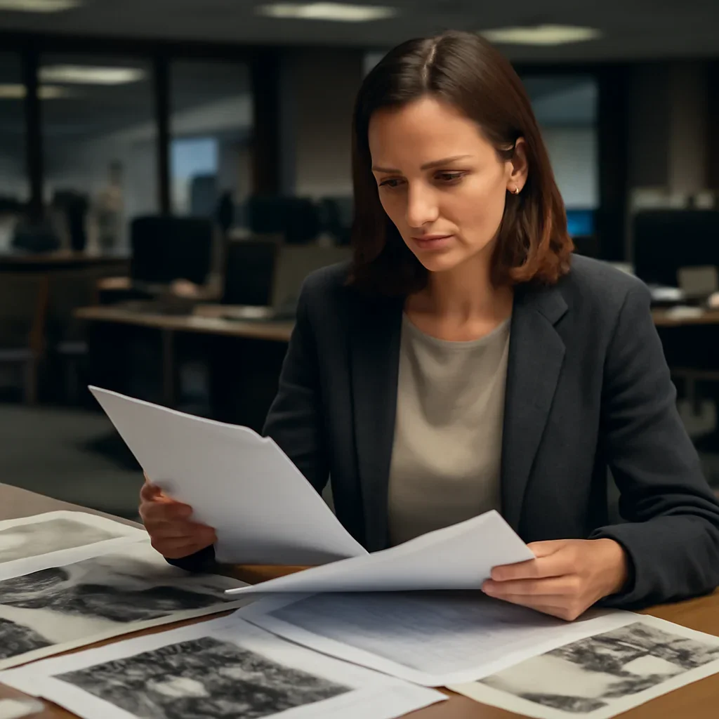 Reporter reviewing source material and timeline notes related to what a war crimes archive should preserve from older sites