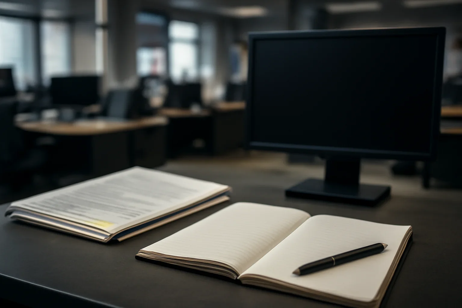 Notebook, marked documents, and a quiet newsroom monitor arranged for a feature on what civilian infrastructure protections mean in practice