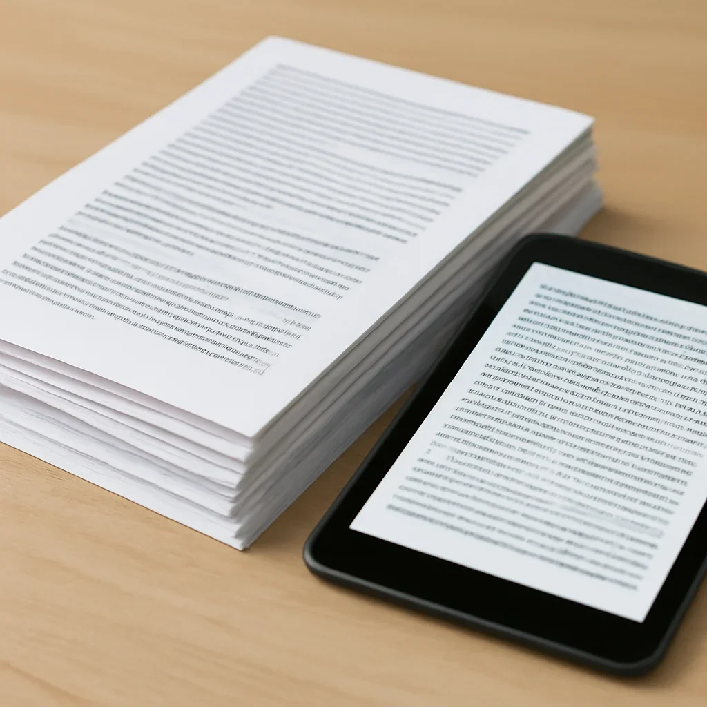 Stack of printed briefings and a tablet displaying archival notes for what complementarity means at the icc