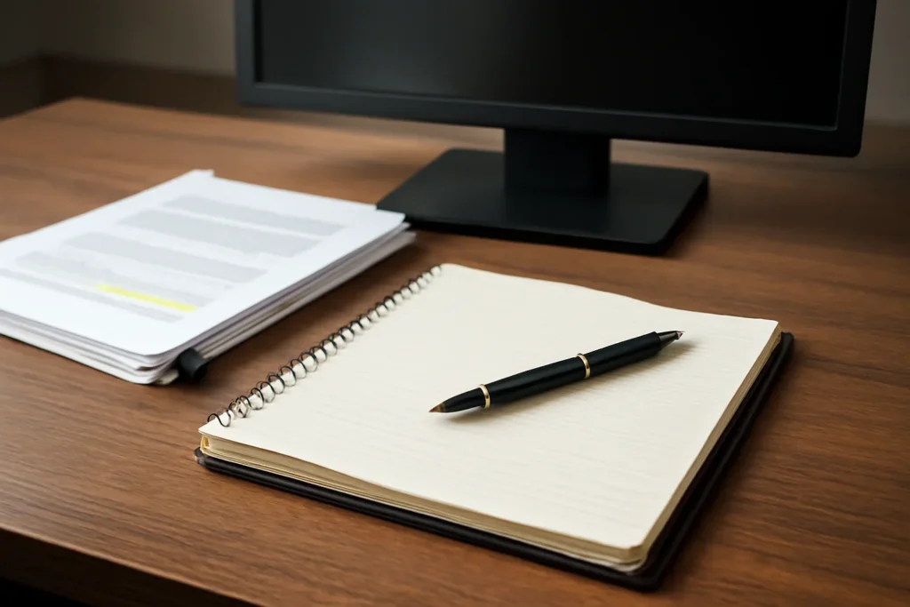Notebook, marked documents, and a quiet newsroom monitor arranged for a feature on what complementarity means at the icc