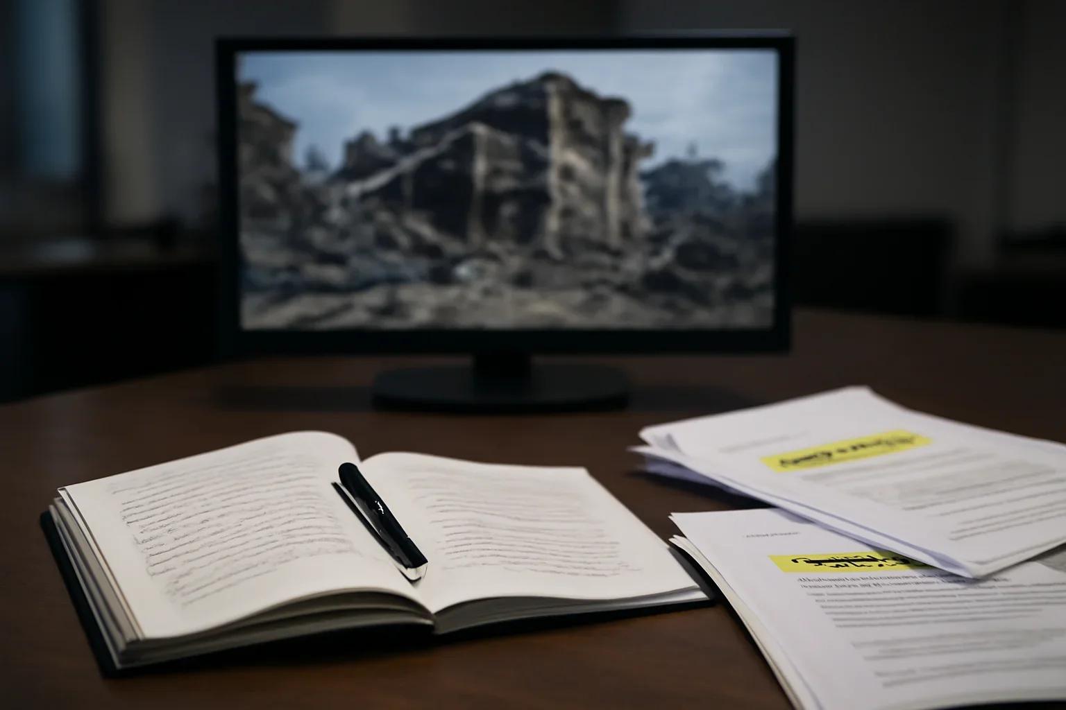 Notebook, marked documents, and a quiet newsroom monitor arranged for a feature on what counts as evidence in a war crimes case?