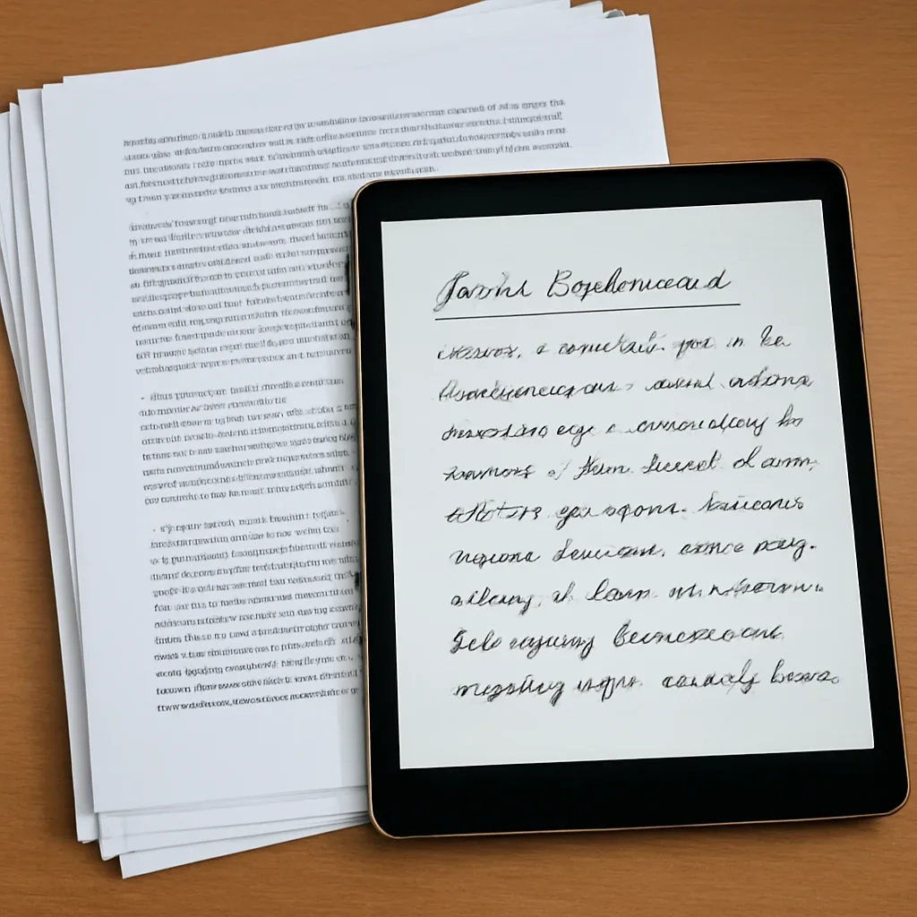 Stack of printed briefings and a tablet displaying archival notes for what forced displacement means under international law