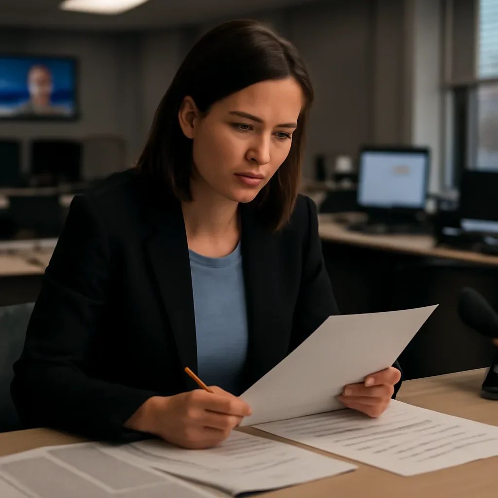 Reporter reviewing source material and timeline notes related to what forced displacement means under international law