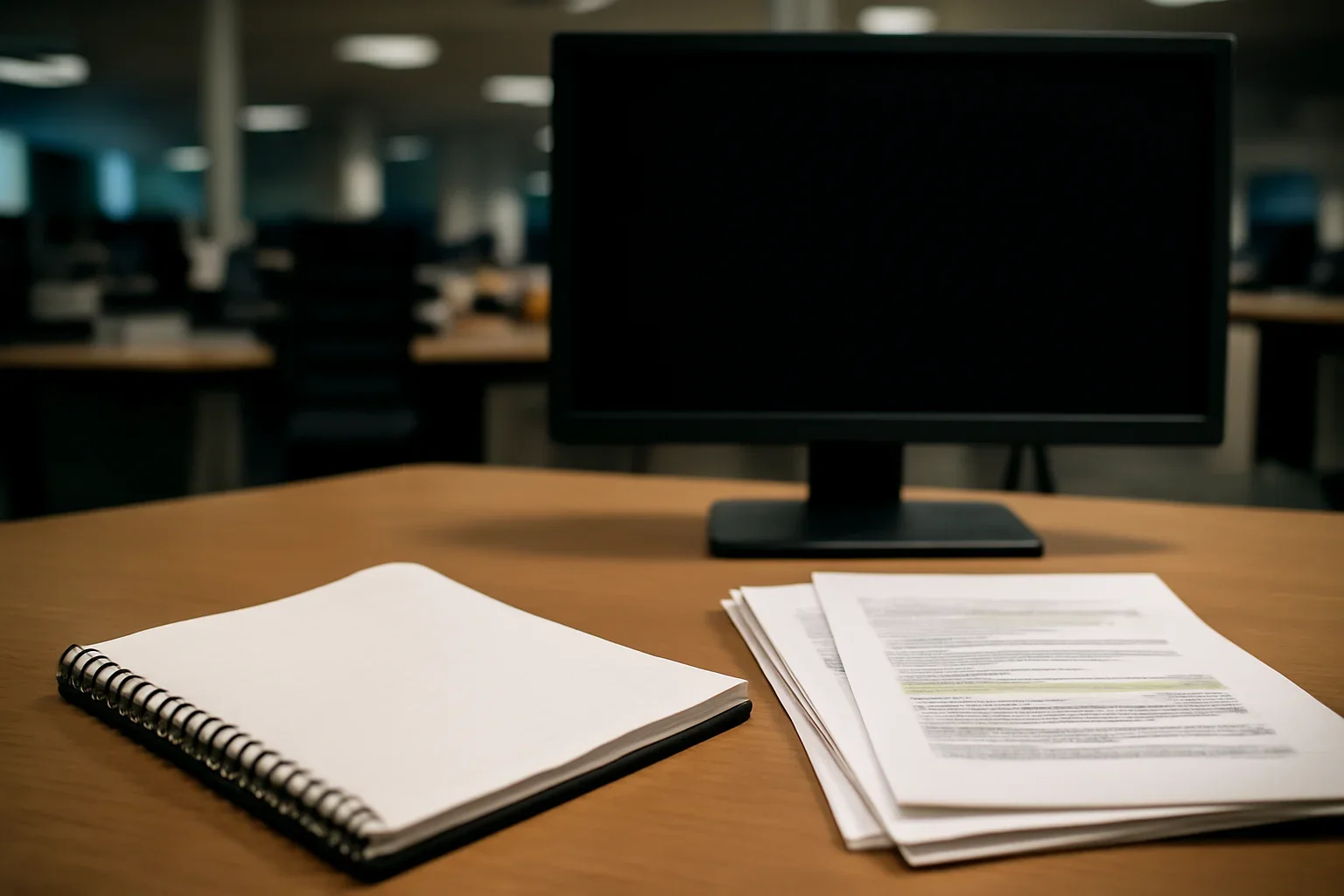 Notebook, marked documents, and a quiet newsroom monitor arranged for a feature on what hors de combat means and why it matters