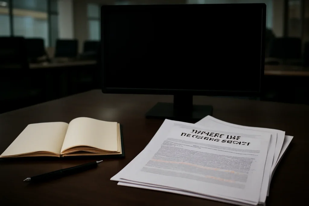 Notebook, marked documents, and a quiet newsroom monitor arranged for a feature on what is command responsibility in international law?