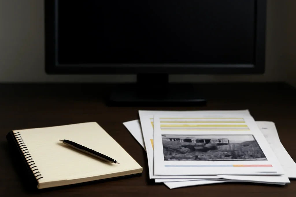 Notebook, marked documents, and a quiet newsroom monitor arranged for a feature on what makes an attack on hospitals a war crime?