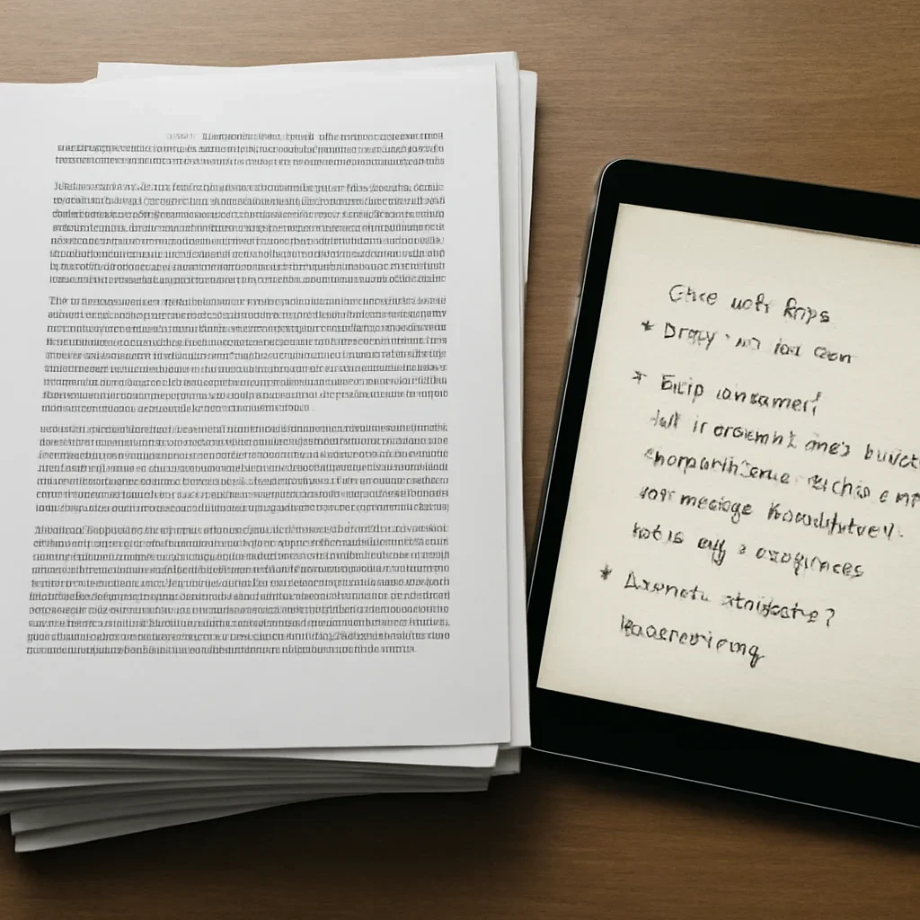 Stack of printed briefings and a tablet displaying archival notes for what the rome statute actually covers
