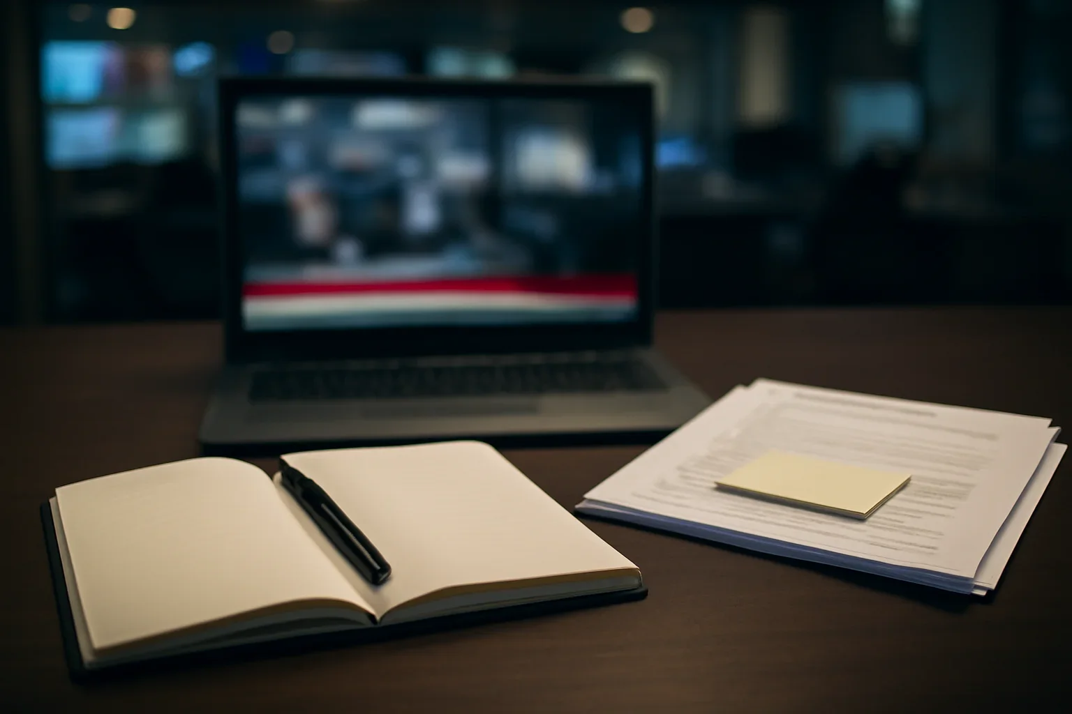 Notebook, marked documents, and a quiet newsroom monitor arranged for a feature on what the rome statute actually covers