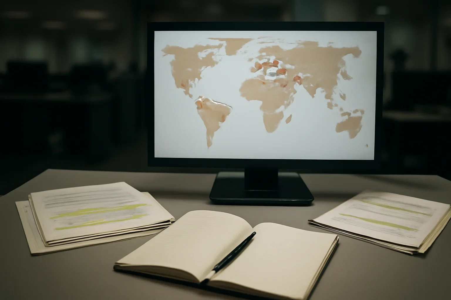 Notebook, marked documents, and a quiet newsroom monitor arranged for a feature on why a war crimes tracker needs country pages, not just news posts