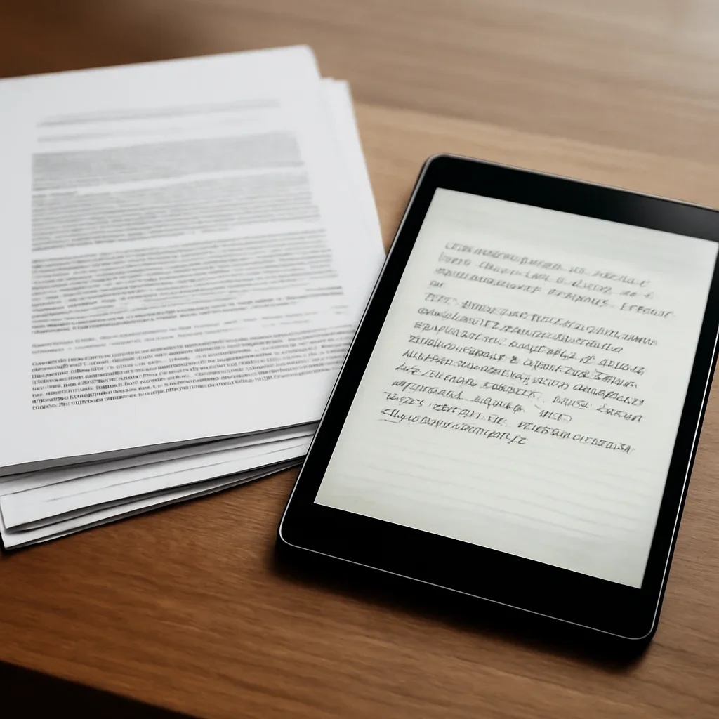 Stack of printed briefings and a tablet displaying archival notes for why newsrooms need a war crimes glossary
