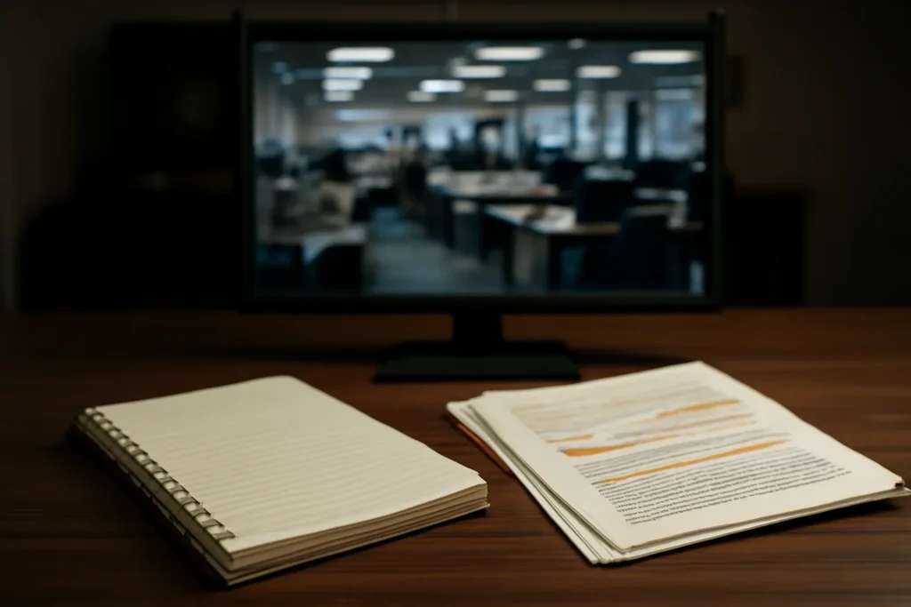 Notebook, marked documents, and a quiet newsroom monitor arranged for a feature on why newsrooms need a war crimes glossary