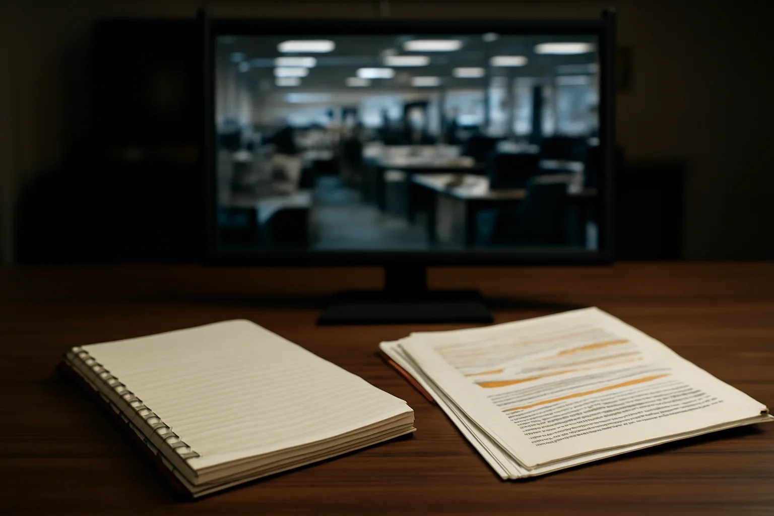 Notebook, marked documents, and a quiet newsroom monitor arranged for a feature on why newsrooms need a war crimes glossary