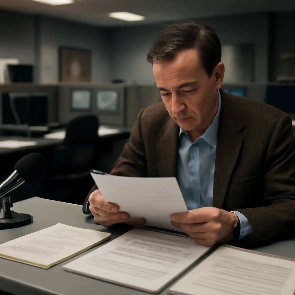 Reporter reviewing source material and timeline notes related to why newsrooms need a war crimes glossary